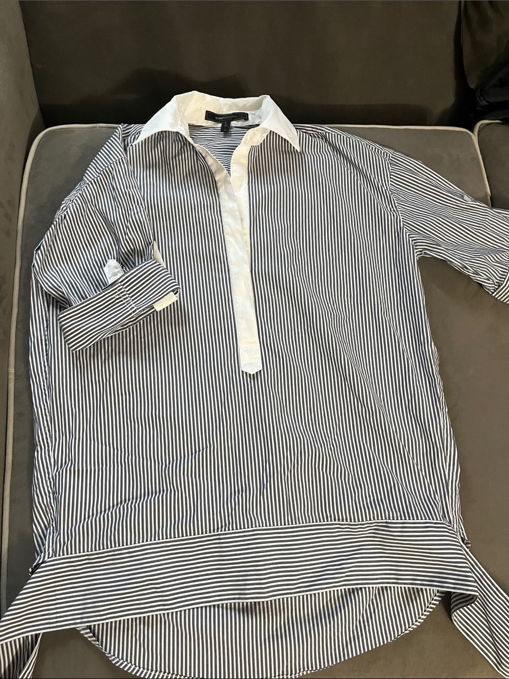 BCBGMaxAzria Black and White Striped Popover Shirt with Contrast Collar